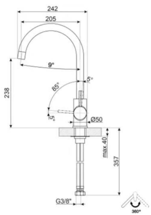 242 205 9° 238 85° 5° Ø50 max.40 357 G3/8" 360°