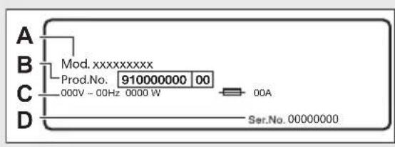 A B Mod. xxxxxxxxxxx Prod.No. 910000000 00 C 000V - 00Hz 0000 W 00A D Ser.No. 00000000