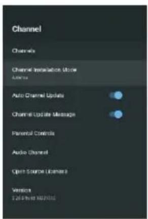 Channel Channels Channel Implementation Mode Address Auto Channel Update Channel Update Message Parental Controls Audio Channel Open Source (Classes) Version 12.08.06.2015