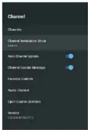 Channel Channels Channel Installation Mode Auto Channel Update Channel Update Message Parental Controls Auto Channel Open Source Licenses Version 2.26.5.048 102/2017
