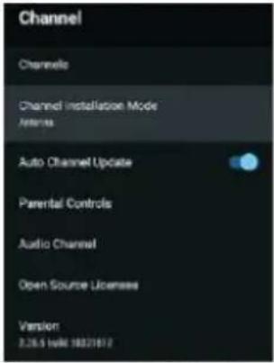 Channel Channels Channel Installation Mode Antenna Auto Channel Update Parental Controls Audio Channel Open Source Licenses Version: 3.26.5 WAVE 19021872
