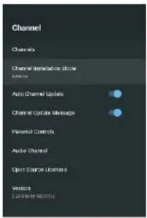 Channel Channels Channel Installation Module Auto Channel Update Channel Update Message Parental Controls Audio Channel Open Source Licensee Version 12/06/2018/02/2018