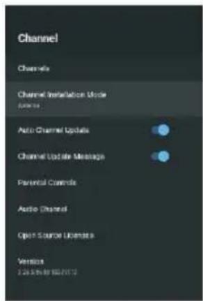 Channel Channels Channel Installation Mode AUDIO Auto Channel Updates Channel Update Message Parental Controls Auto Channel Open Source Licenses Versions 24/05/08 10/2012