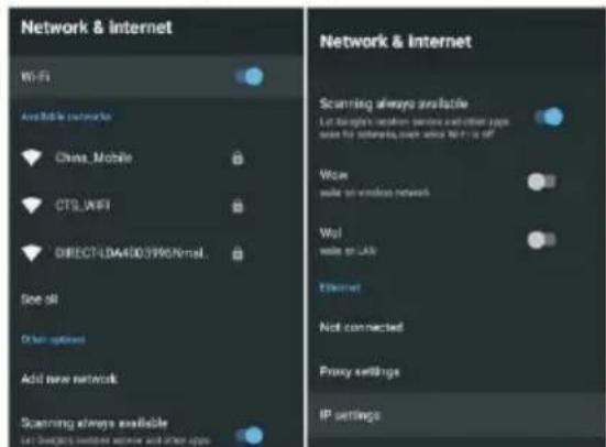 Network & Internet Wi-Fi Available networks China_Mobile CTS_WIFI DIRECT-LDA4100/3990/Normal. Size all Other options Add new network Scanning always available Let switch switch network and other apps. Network & Internet Scanning always available Let switch switch network and other apps. Wise safe on…