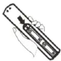 Line drawing of a hand holding a remote control panel (no text or symbols)