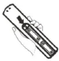 Line drawing of a hand holding a remote control with a hand pointing to the right (no text or symbols)