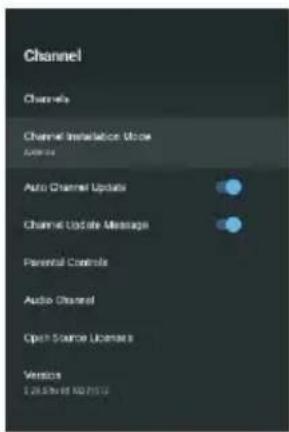 Channel Channels Channel Installation Mode Address Auto Channel Updates Channel Update Message Parental Controls Audio Channel Open Source Licenses Version 1.26.50x 04:29:57