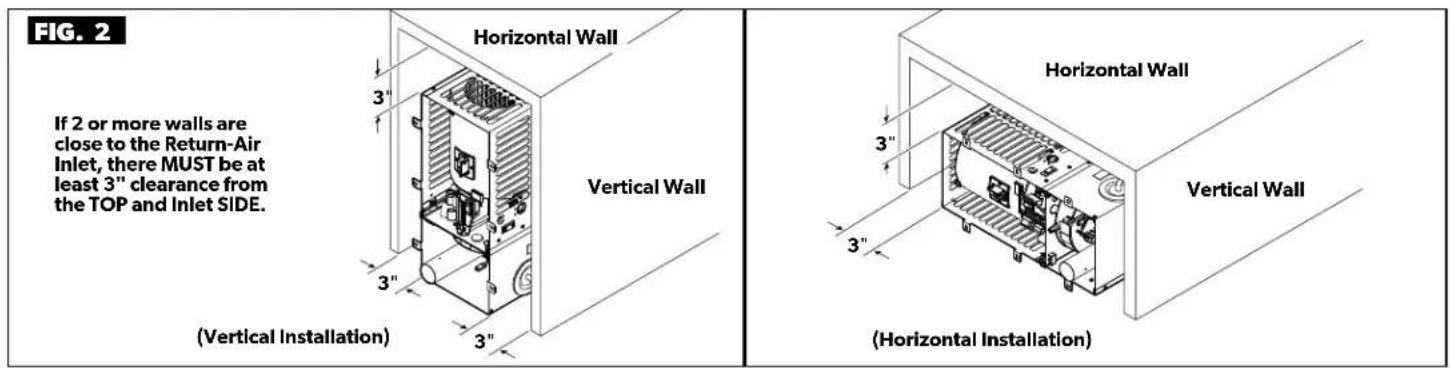 FIG. 2 If 2 or more walls are close to the Return-Air Inlet, there MUST be at least 3" clearance from the TOP and Inlet SIDE. Horizontal Wall 3" Vertical Wall 3" (Vertical Installation) 3" (Horizontal Installation) Horizontal Wall 3" Vertical Wall 3" (Horizontal Installation)