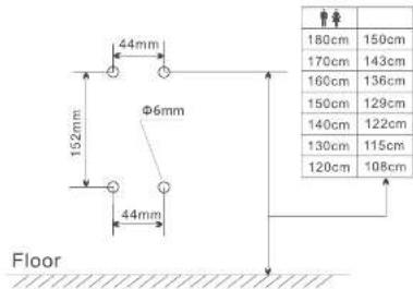 44mm 152mm Φ6mm Floor 180cm 150cm 170cm 143cm 160cm 136cm 150cm 129cm 140cm 122cm 130cm 115cm 120cm 108cm