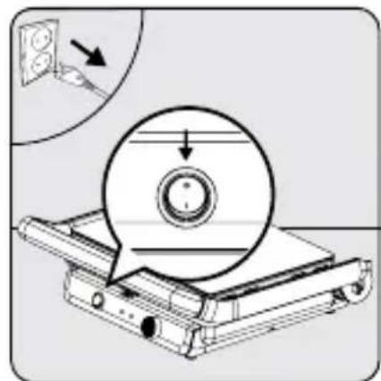 Diagram showing a device with a magnified circular detail highlighting a circular component, with an inset image of electrical outlets and a callout arrow.