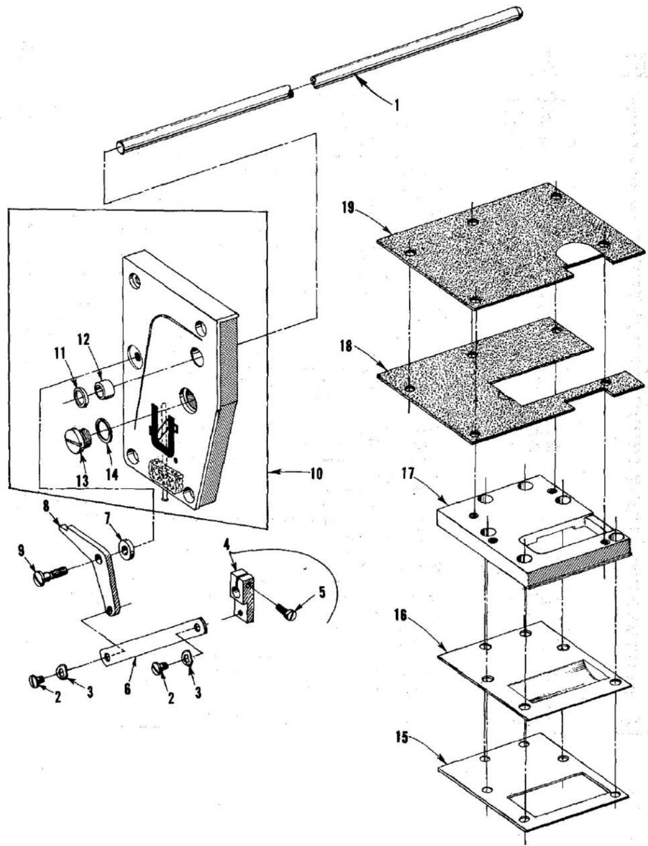 Technical diagram of a mechanical assembly with numbered components and exploded view