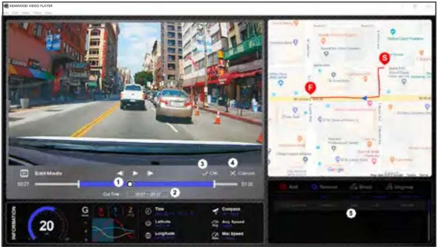 KENWOOD VIDEO PLAYER Exit Mode 0027 ① OK ② Cut Time 00:07 - 00:37 ③ ④ Cancast 01 OK ⑤ Aid Ternpass Citywide Longmap INFORMATION 20 G Time Compass Latitude Any Speed Longitude Max Speed