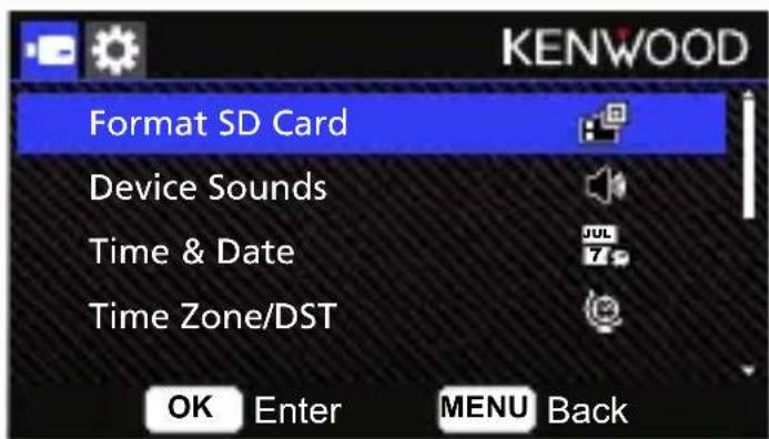 KENWOOD Format SD Card Device Sounds Time & Date Time Zone/DST OK Enter MENU Back