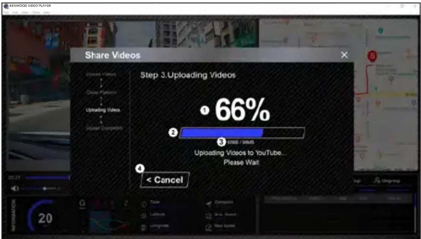 KENWOOD VIDEO PLAYER Share Videos Step 3. Uploading Videos ① 66% ② ③ GINS / SEM Uploading Videos to YouTube... Please Wait ④ < Cancel