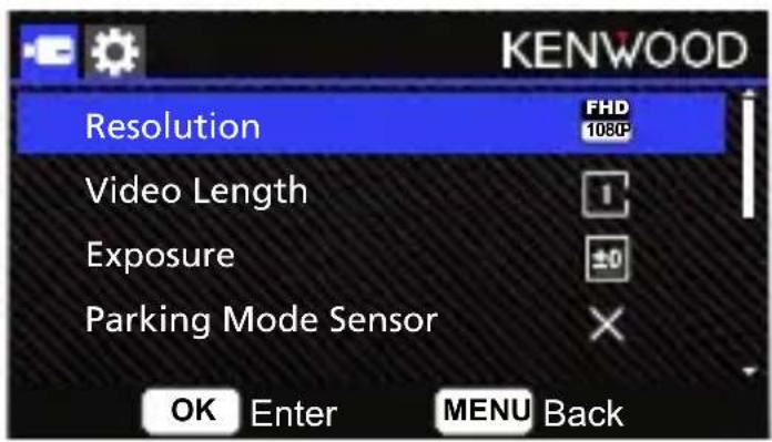 KENWOOD Resolution FHD 1080° Video Length 1 Exposure ±0 Parking Mode Sensor OK Enter MENU Back