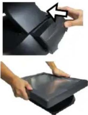 Two-step illustration showing hands holding a black plastic tray, with an arrow indicating the process (no text or symbols present)