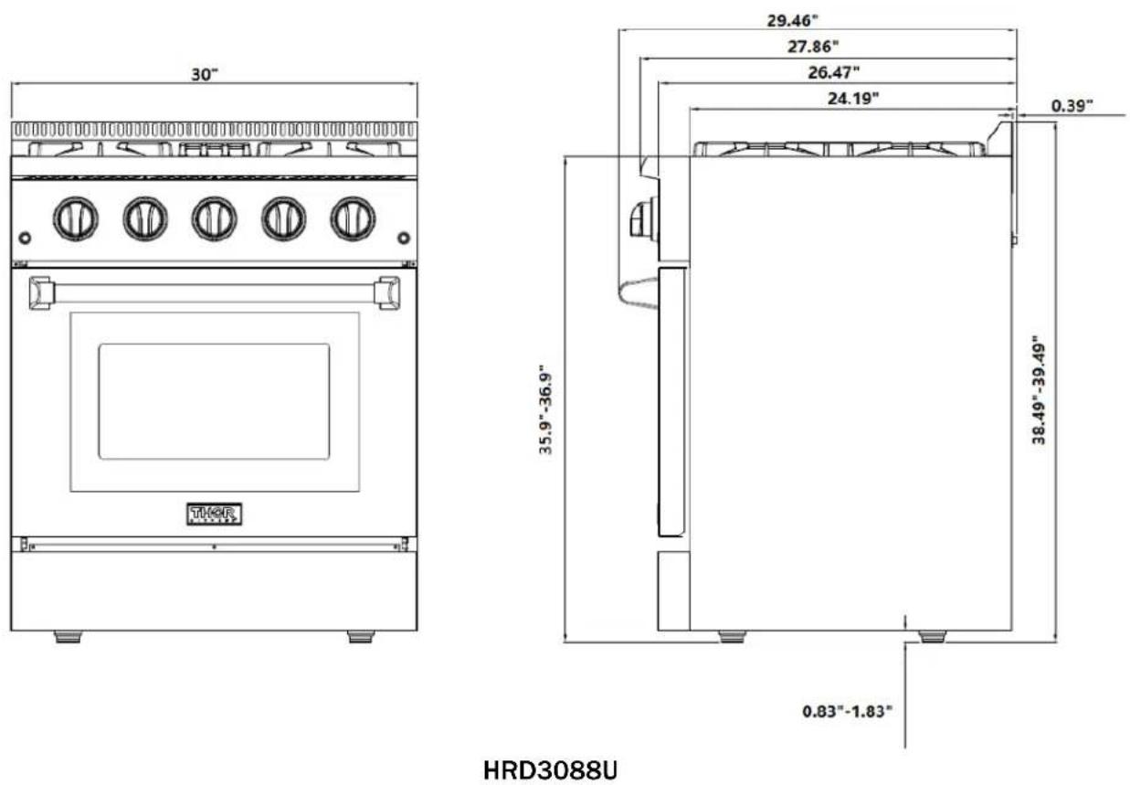 30" 29.46" 27.86" 26.47" 24.19" 0.39" 35.9"-36.9" 38.49"-39.49" 0.83"-1.83" HRD3088U