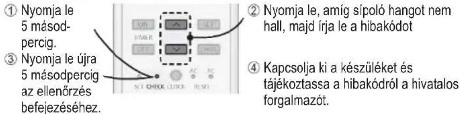 ① Nyomja le 5 másodpercig. ③ Nyomja le újra 5 másodpercig az ellenőrzés befejezéséhez. ② Nyomja le, amíg sípoló hangot nem hall, majd írja le a hibakódot ④ Kapcsolja ki a készüléket és tájékoztassa a hibakódról a hivatalos forgalmazót.