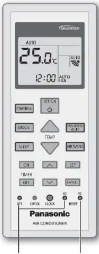 INVERTER AUTO 25.0°C 12:00 AUTO FAN POWERFUL OFF/ON MODE TEMP SLEEP AIR SWING ON SET TIMER OFF CANCEL SET CHECK CLOCK AC RE Panasonic AIR CONDITIONER