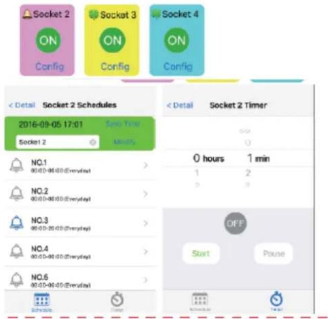 Socket 2 ON Config Socket 3 ON Config Socket 4 ON Config < Detail Socket 2 Schedules 2016-09-05 17:01 Spot Time Socket 2 Mod5 NO.1 00:00-00:00 (Everyday) NO.2 00:00-00:00 (Everyday) NO.3 00:00-00:00 (Everyday) NO.4 00:00-00:00 (Everyday) NO.5 00:00-00:00 (Everyday) Schedule Timer < Detail Socket 2 Timer OUT 0 hours 1 min 1 2 2 3 OFF Start Pause Start