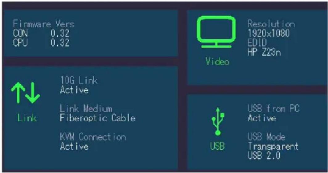 Firmware Vers CON 0.32 CPU 0.32 10G Link Active Link Medium Fiberoptic Cable KVM Connection Active Resolution 1920x1080 EDID HP Z23n Video USB from PC Active USB Mode Transparent USB 2.0