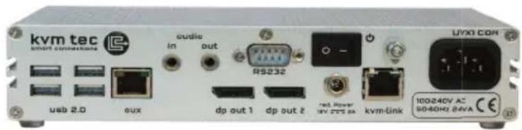 kvm tec smart connections audio in out RS232 uvx1 CON usb 2.0 sux dp out 1 dp out 2 red Power 16V 275A kvm-link 100240V AC 50-80Hz 84VA CE
