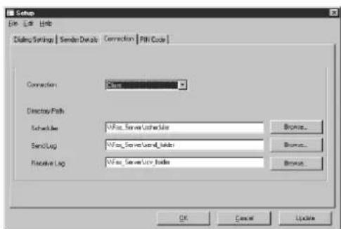 Setup File Edit Web Dialog Settings | Send Details Connection | Path Code | Connection: 0000 Directway Path Schedules: Wires_ServerLocks SendLog: Wires_ServerLocks Receive Log: Wires_ServerLocks Browse... Browse... Browse... OK Cancel Update