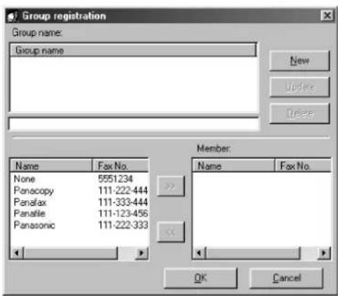 Group registration Group name: New Update Delete Member: Name Fax No. None 5551234 Penocopy 111-222-444 Panofax 111-333-444 Panafile 111-123-456 Panasonic 111-222-333 OK Cancel