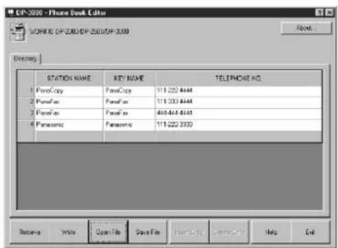 CP-2009 - Phone Book Editor WORKD CP-2009/DP-2500/DP-2009 About... Directory STATION NAME KEY NAME TELEPHONE NO. PanoCopy PaneCopy 111 222 4444 PanoFix PaneFix 111 233 4444 PanoFix PaneFix 464-844-8444 Panasonic Panasonic 111 222 3333 Browse Write Open File Save File Help Edit Help Exit