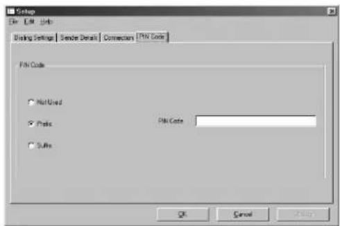 Setup File Edit Tools Binding Settings | Send Details | Connection | Pin Code Pin Code Not Used Preis Pin Code Sacks OK Cancel Cancel