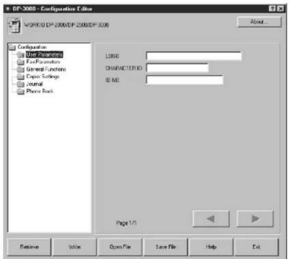 DF-3000 - Configuration Editor WORKD DP-2000/DP-2500/DP-300 Configuration User Parameters File Parameters General Functions Copy Settings Journal Phone Rock LOGO: CHARACTER ID: ID NO: Page 1/1 Remove Write Open File Save File Help Exit