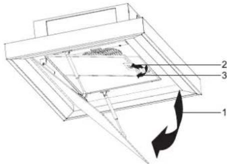 Technical diagram of a mechanical assembly with numbered components and directional arrow indicating motion or force