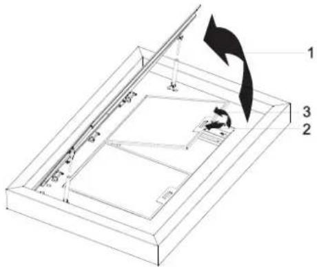 Technical diagram of a mechanical assembly with labeled components and directional arrow indicating motion or force