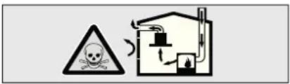 Safety warning symbol showing a skull inside a triangular hazard symbol and a building with smokestacks and airflow arrows.