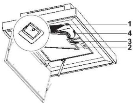 Technical diagram of a mechanical assembly with numbered parts and an inset magnified view highlighting a component.