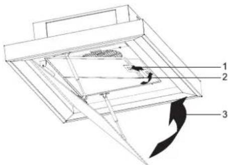 Technical diagram of a mechanical assembly with numbered components and directional arrows indicating motion or force