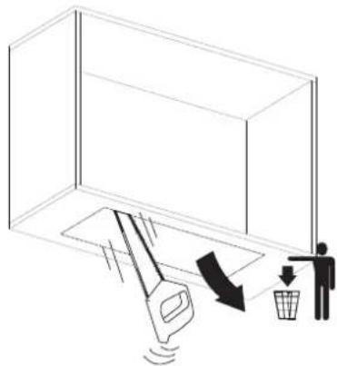 Diagram illustrating a hand gesture with a hand holding a device and a person pushing a trash bin, with directional arrows indicating motion.