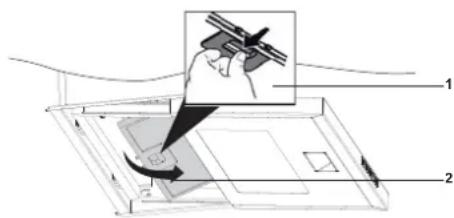 Diagram showing a hand holding a device with a magnified inset highlighting the component, labeled with parts 1 and 2.