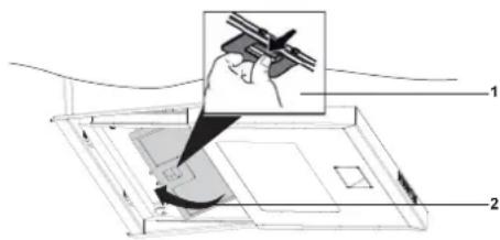 Diagram showing a hand holding a helicopter above a device with labeled parts 1 and 2