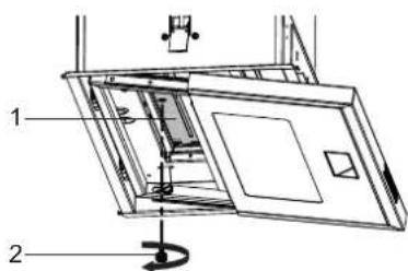 Technical diagram of a door mechanism with labeled parts 1 and 2, showing internal components and directional arrows.