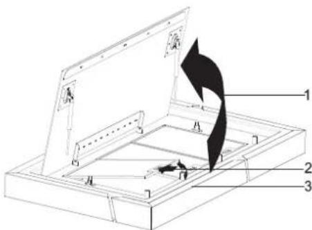 Technical diagram of a mechanical assembly with numbered components and directional arrows indicating motion or movement.