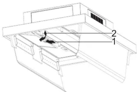 Technical diagram of a mechanical device with labeled components 1 and 2, showing internal structure and motion arrows.