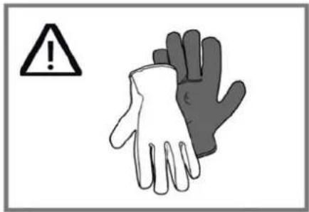Warning symbol with exclamation mark and two hands, one shaded gray and one white, indicating hazard or caution.