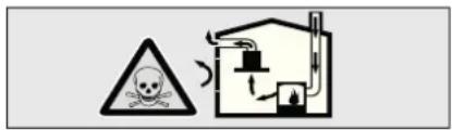 Safety warning symbol showing a skull inside a triangular hazard symbol and a house with airflow arrows