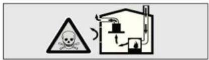 Safety warning symbol showing a skull inside a triangular warning triangle and a house with smoke or airflow.