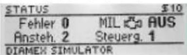 STATUS Fehler 0 Ansteh. 2 MIL AUS Steuerg. 1 DIAMEX SIMULATOR $10