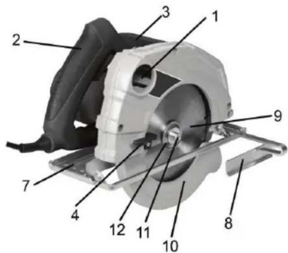 Labeled diagram of a power saw with numbered parts for identification