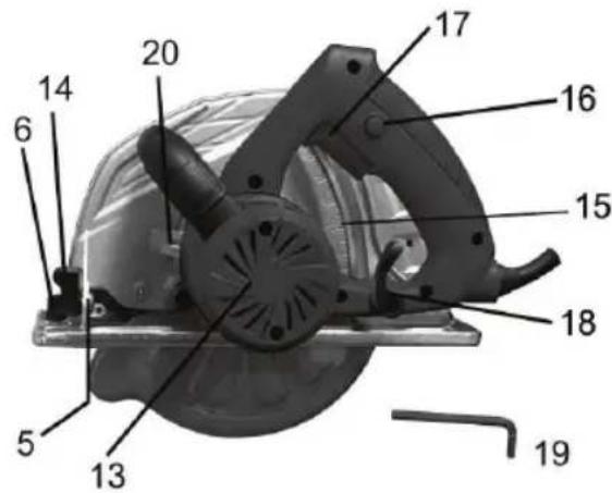 Labeled diagram of a mechanical power saw with numbered parts for identification