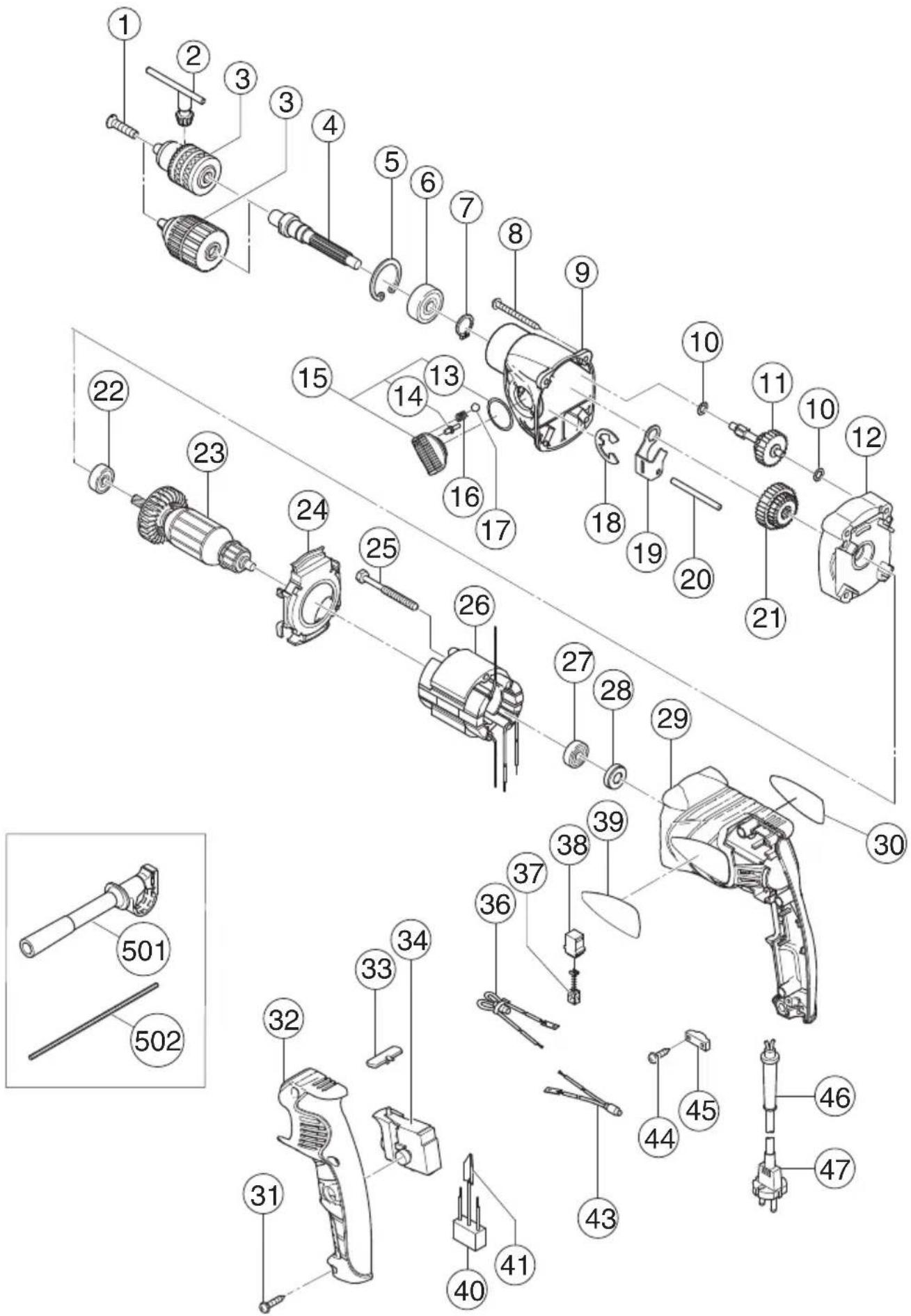 Exploded view diagram of a mechanical assembly with numbered parts, including disassembled components and exploded views.