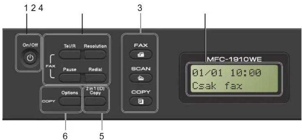 1 2 4 On/Off Tel/R Resolution FAX Pause Redial FAX SCAN COPY Options 2in1 (ID) Copy 6 5 3 MFC-1910WE 01/01 10:00 Csak fax